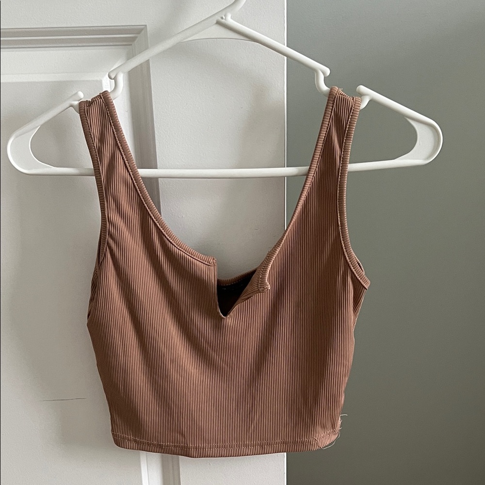 Ribbed V-Neck Crop Tank Top - Brown